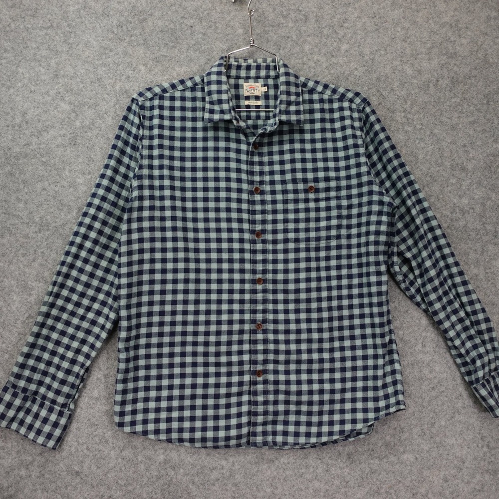 FAHERTY Gingham Shirt Mens LARGE Blue Organic Cotton Fall Rustic Flannel Plaid
